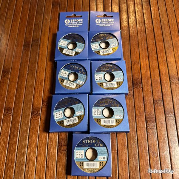 DESTOCKAGE PCHE STROFT 7 BOBINES Nylon pour bas de ligne stroft GTM - 25 m 0,14 mm 0,16 mm et 0,18
