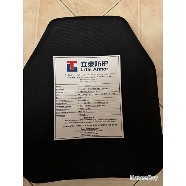 Plaque Balistique Niveau IV - Protection Ultime -LiTai Armor
