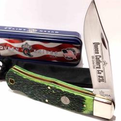 Couteau Pliant Queen Cutlery Lockback Lame Acier Carbone 1095 Manche Os Vert Made USA QGPSB106