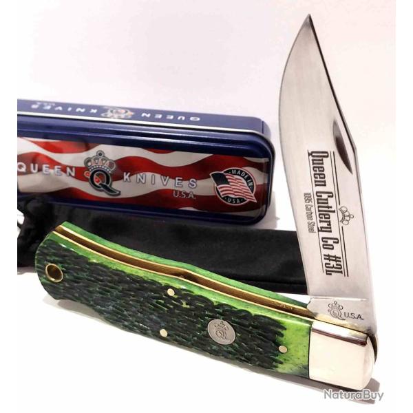 Couteau Pliant Queen Cutlery Lockback Lame Acier Carbone 1095 Manche Os Vert Made USA QGPSB106