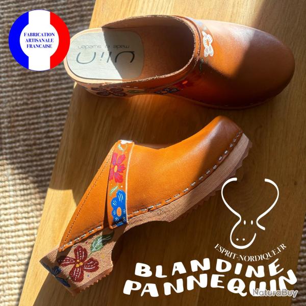 Sabots peints  la main d'une couronne de fleurs par Blandine Pannequin 36 cuir cognac Veg