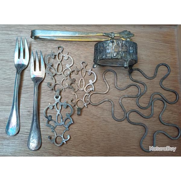 Lot argenterie fourchettes - pince � sucre - dessous de bouteille Christofle