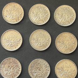 lot de 9 Pi&egrave;ces en argent 835 &deg;/&deg;&deg; 5 Francs Semeuse de 1959 &agrave; 1969 12 grammes(plusieurs lots dispo)