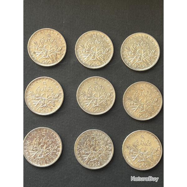 lot de 9 Pi�ces en argent 835 �/�� 5 Francs Semeuse de 1959 � 1969 12 grammes(plusieurs lots dispo)