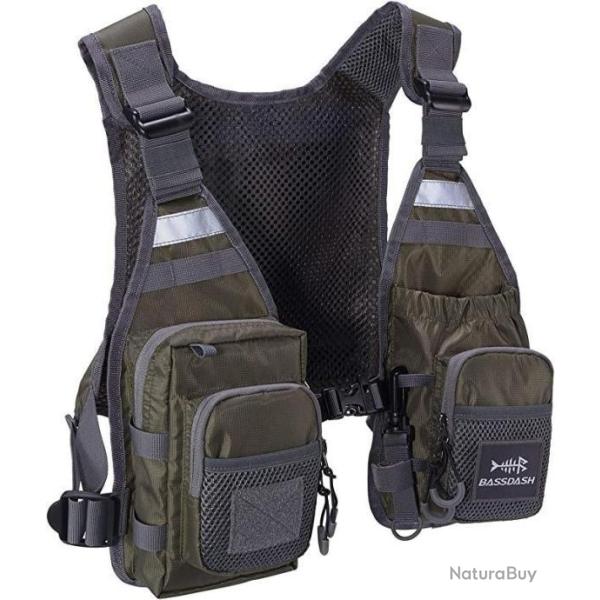 Gilet de Pche 10 Poches Sac de Poitrine Taille Unique Ultra Lger Portable Vert Militaire