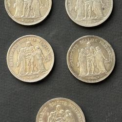pi&egrave;ce 5 francs HERCULE en argent 900 &deg;/&deg;&deg; 1873 et 1848 poids 25 grammes TBE