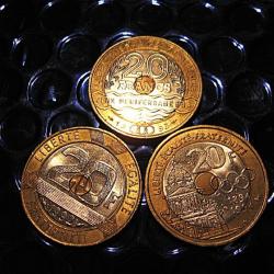 France 3 pieces de 20 francs comm&eacute;moratives 1992-93-94 ttb