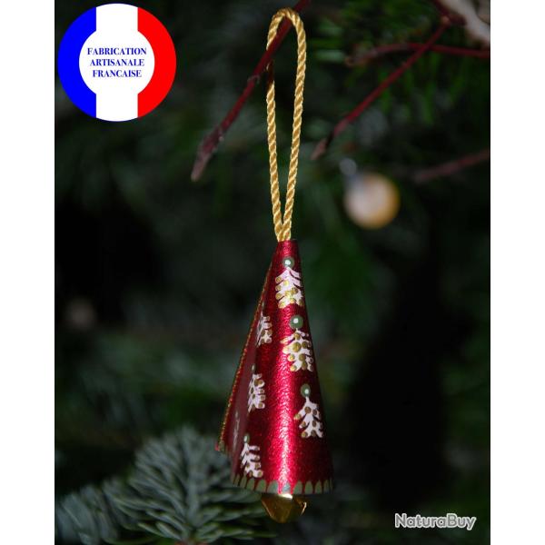 Clochette Sapin de No�l Rose aux motifs nordiques en cuir d'agneau peint pour Sapin rouge profond