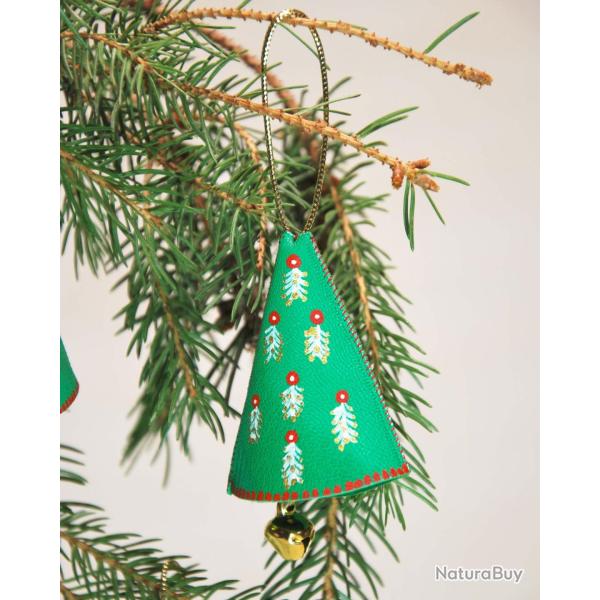 Clochette Sapin de No�l Rose aux motifs nordiques en cuir d'agneau peint pour Sapin vert