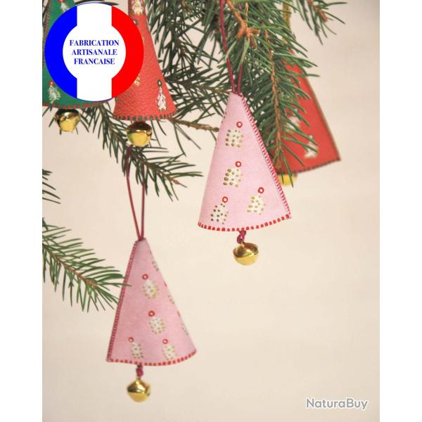 Clochette Sapin de No�l Rose aux motifs nordiques en cuir d'agneau peint pour Sapin rose pale
