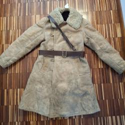 Rare! manteau militaire en peau/laine de mouton officier armé russe WW2 +brêlage/ceinturon