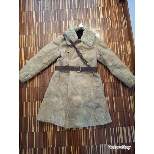 Rare! manteau militaire en peau/laine de mouton officier arm russe WW2 +brlage/ceinturon