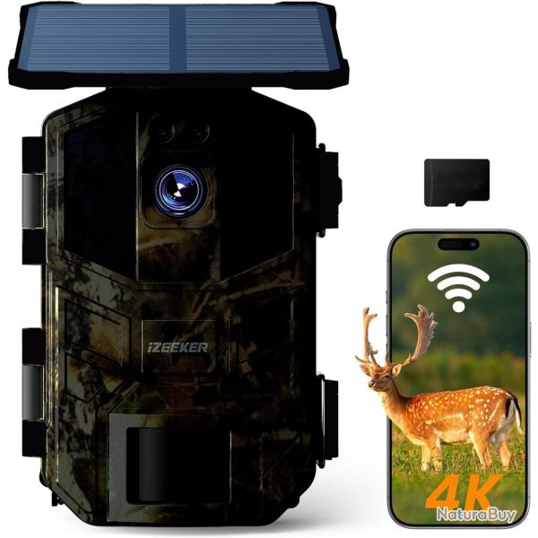 Camra de Chasse Solaire 4K 64MP WiFi 6 Bluetooth Batterie 5200mAh tanche Micro SD Vision Nocturne