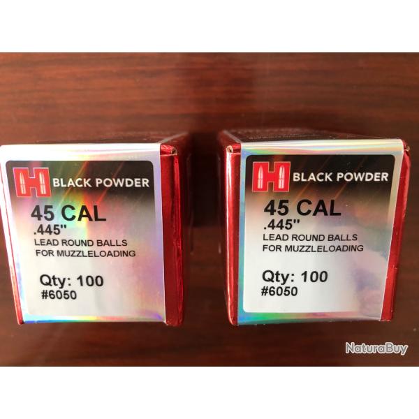 HORNADY. Balles rondes CAL 45.  .445". Lot de 2 boites de 100 balles