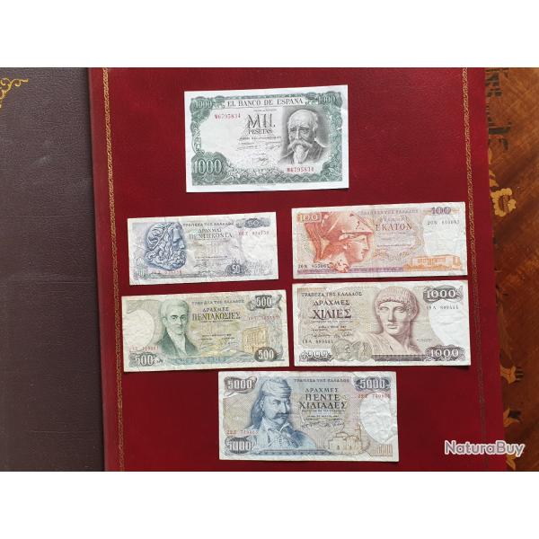 Lot de 6 billets authentiques ayant circul�.  1000 pesetas SUP s�rie compl�te Gr�ce