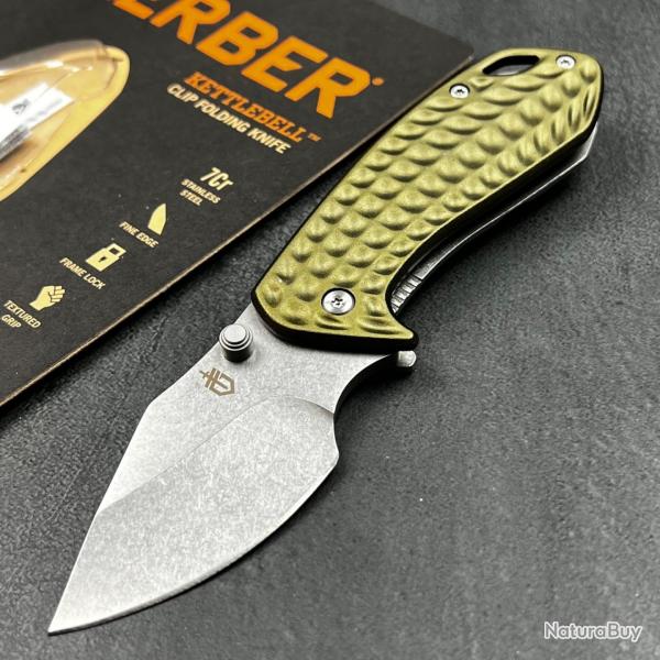Couteau Gerber Kettlebell Lame Acier 7Cr17MoV Manche Green Aluminium Framelock