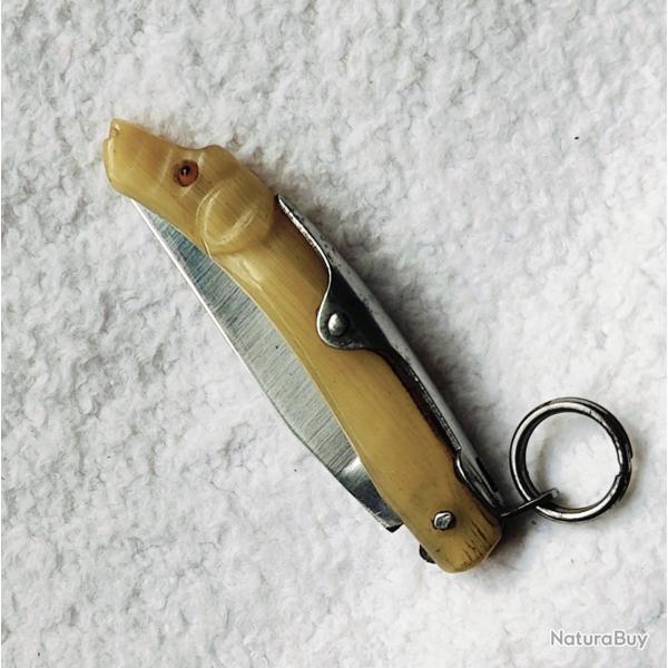 Couteau canif ancien Palme et tte de chien plein manche corne