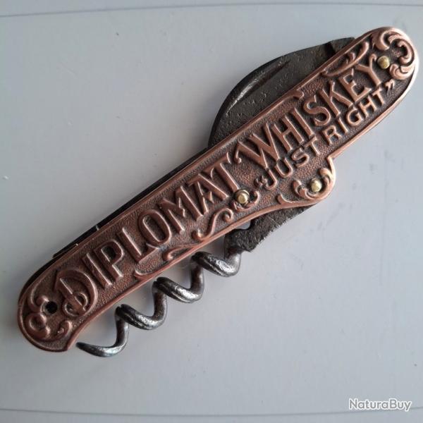 Beau couteau de poche ancien DIPLOMAT WHISKEY "JUST RIGHT" , Glasner & Barzen Co. Kansas City Mo