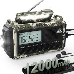 Radio Solaire Urgence Batterie 12000mAh Manivelle SOS Lampe Torche Lecture USB-C Étanche IPX6