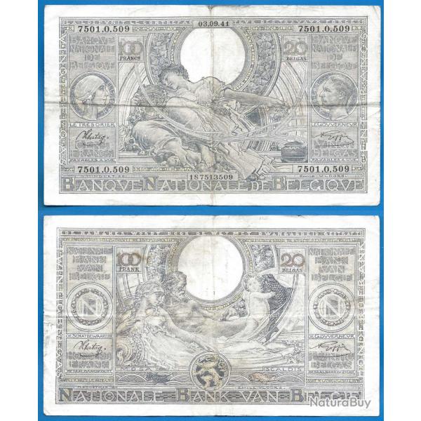 Belgique 100 Francs 1941 20 Belgas Billet Europe Nord Frs Frc Frcs