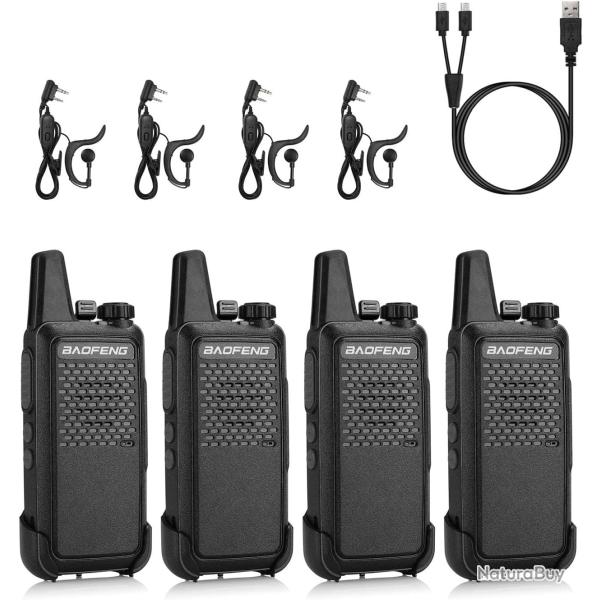 Talkie Walkie Professionnels 4 Pcs PMR 446 Batterie1500 mA Longue Porte 3 km16 Canaux Charge USB