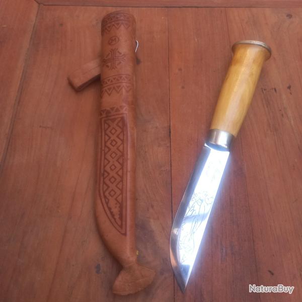 Joli Couteau PUUKKO FINLANDAIS J.MARTTIINI LAPINLEUKU avec Fourreau en cuir Manche en Bois