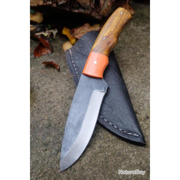 Couteau Bowie Chasse Bushcraft Lame Acier Carbone 1075 Manche 2 Bois Etui Cuir Fabication Artisanale