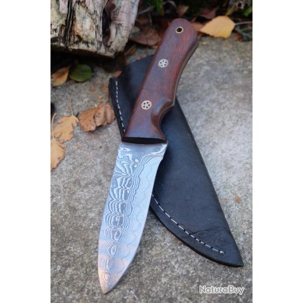 Skinner Couteau de Chasse Damas Lame 256 Couches Manche Bois Mosaic Pins Fabric Artisanale Etui Cuir