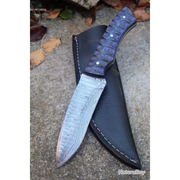 Skinner Couteau de Chasse Damas Lame 256 Couches Manche Bois 3D Black Fab Artisanale Etui Cuir