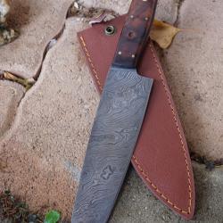 Gros Bowie Couteau de Chasse Damas Lame Acier 256 Couches Manche Bois Etui Nylon Fabric Artisanale