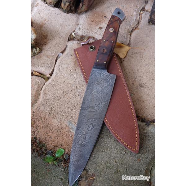 Gros Bowie Couteau de Chasse Damas Lame Acier 256 Couches Manche Bois Etui Nylon Fabric Artisanale