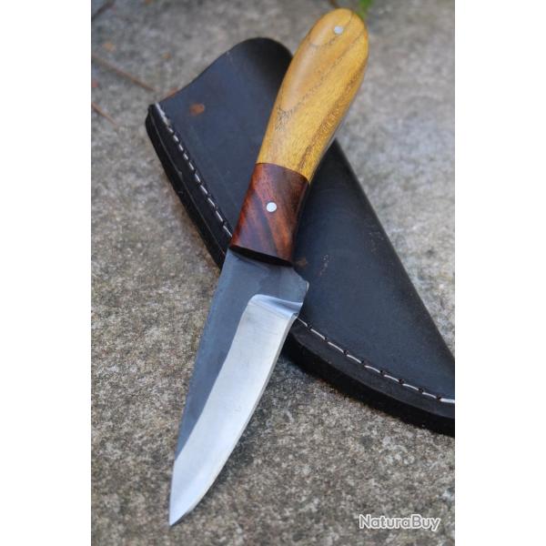Stylet Couteau Buschraft Lame Acier Carbone 1075 Manche Bois Etui Cuir Fabric Artisanale