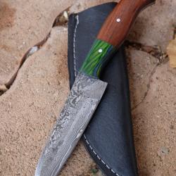 Couteau Skinner Damas Lame wharncliffe Acier 256 Couches Manche 2 Bois Etui Cuir Fabr Artisanale 01