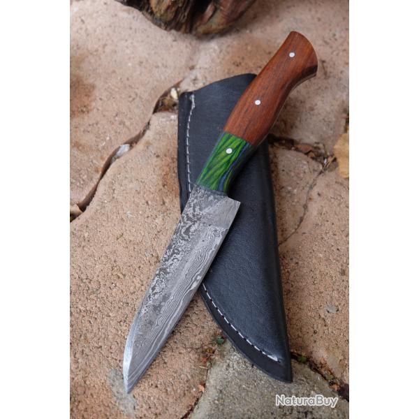 Couteau Skinner Damas Lame wharncliffe Acier 256 Couches Manche 2 Bois Etui Cuir Fabr Artisanale 01