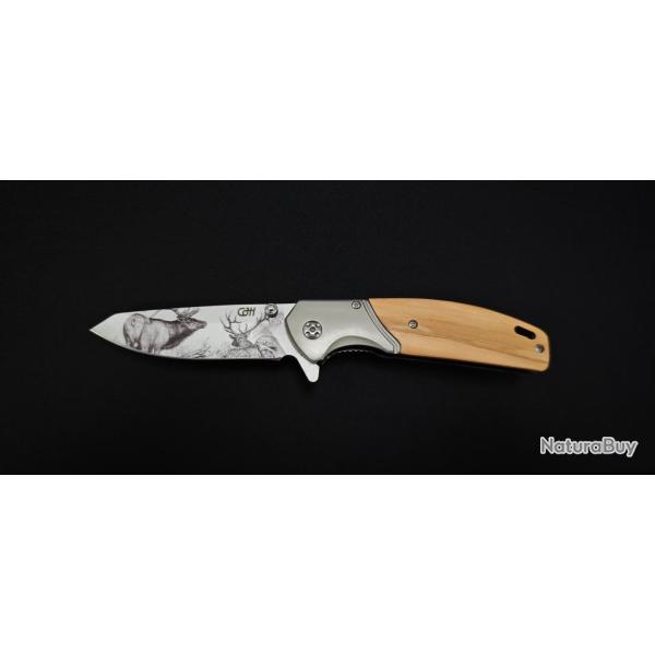 Couteau pliant Herbertz CJH - Manche Olive Wood - Design Cerf 3D
