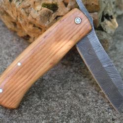 Couteau Piémontais Manche Bois Olivier Lame Acier Damas 128 Couches Sheepsfoot Fabric Artisanale