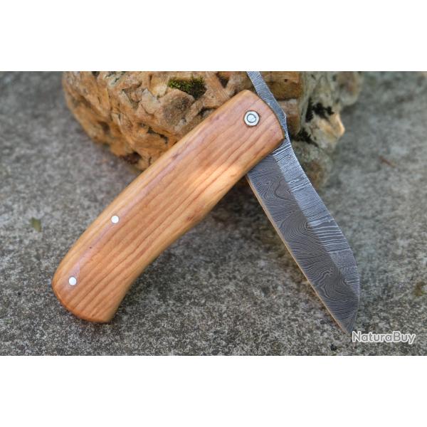 Couteau Pimontais Manche Bois Olivier Lame Acier Damas 128 Couches Sheepsfoot Fabric Artisanale