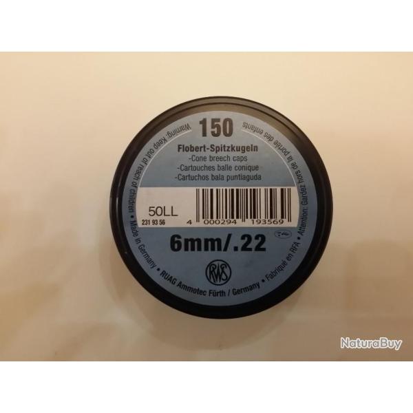 Bote de 150 cartouches RWS Flobert bosquette  balle conique cal. 6mm/.22 HILMAR SUPER DESTOCK !!!
