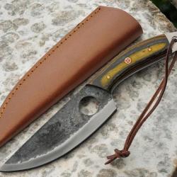 Couteau De Survie Bushcraft Lame Acier Carbone 1055 Brut de Forge Manche Bois Etui Cuir