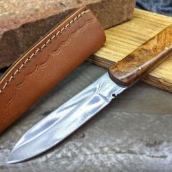 Couteau Bushcraft Classic Patch Knife Lame Acier Carbone Manche Bois Etui Cuir
