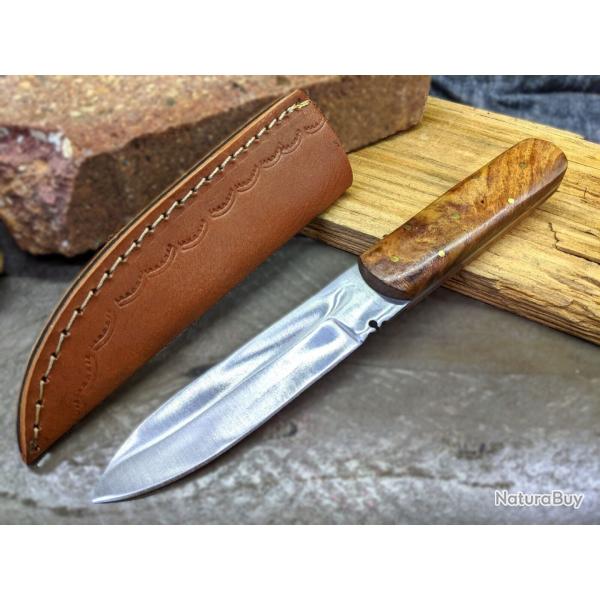 Couteau Bushcraft Classic Patch Knife Lame Acier Carbone Manche Bois Etui Cuir