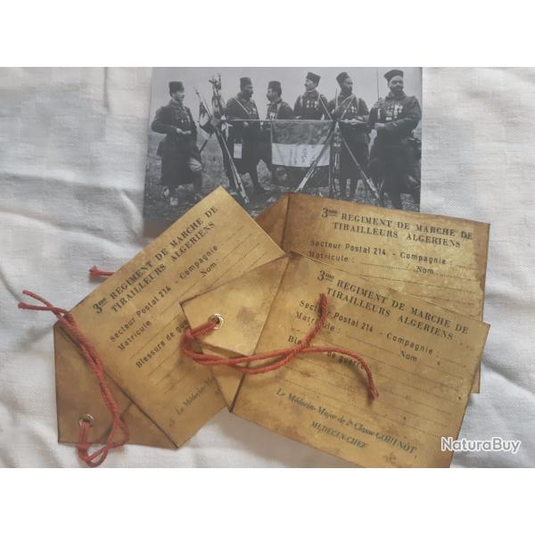 Etiquette cartonn�e Bless� du 3e R�giment de Marche Tirailleurs Alg�riens 1914 WW1