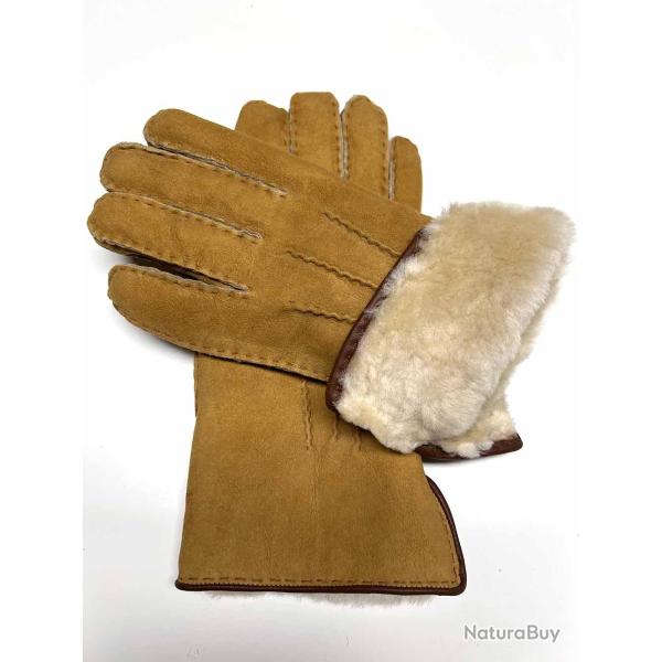 Gants luxueux peau d'agneau laine type aviateur 8 cm moka beige