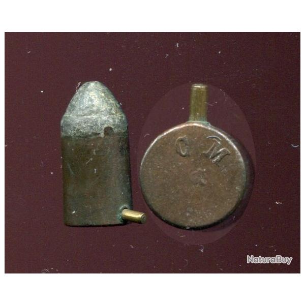 12 mm � broche - RARE marquage en relief : CM - �tui cuivre 15.2 mm - balle plomb cylindro-conique