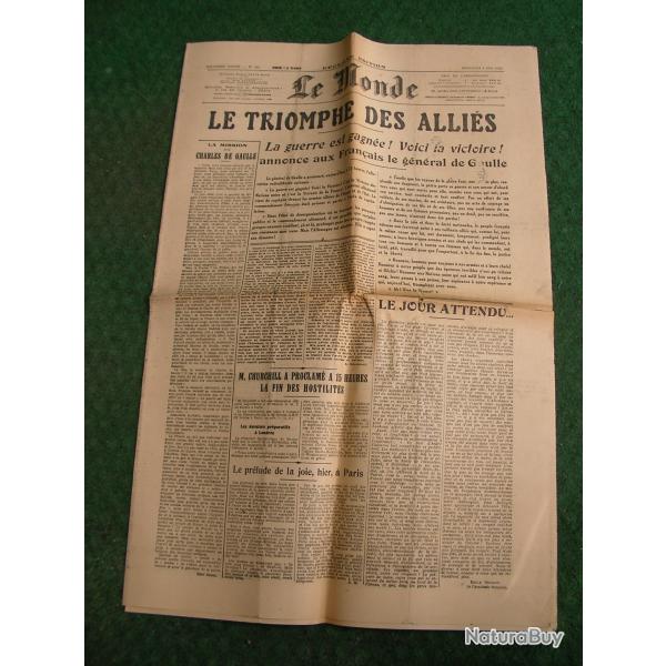 WW2 FRANCE JOURNAL FRANCAIS " LE MONDE 9 MAI 1945 " �POQUE ARMISTICE J+1 (39-45)