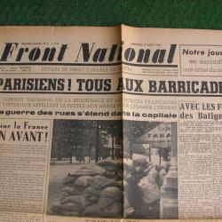 WW2 FRANCE JOURNAL FRANCAIS " FRONT NATIONAL 23 AOUT 1944 " &Eacute;POQUE LIB&Eacute;RATION DE PARIS (39-45)