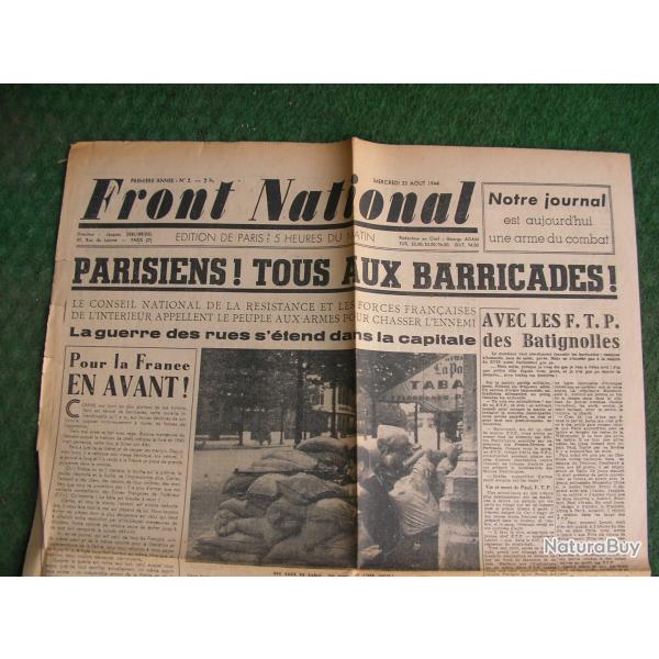 WW2 FRANCE JOURNAL FRANCAIS " FRONT NATIONAL 23 AOUT 1944 " �POQUE LIB�RATION DE PARIS (39-45)