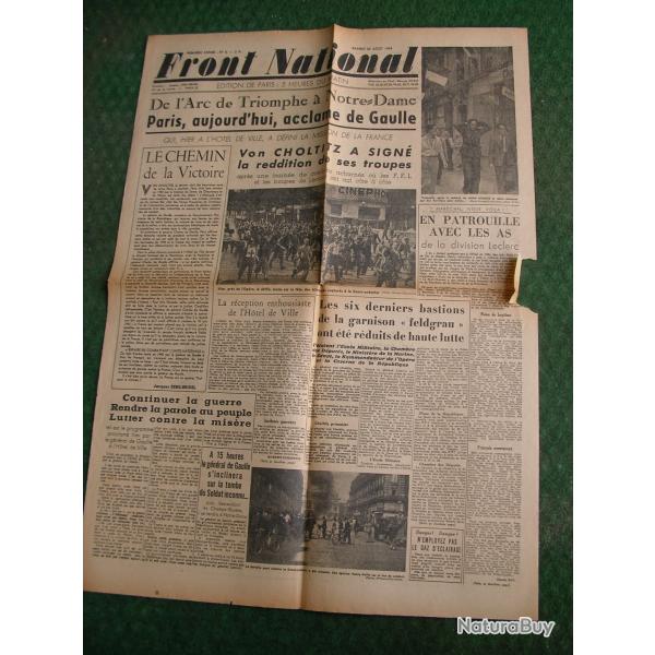 WW2 FRANCE JOURNAL FRANCAIS " FRONT NATIONAL 26 AOUT 1944 " �POQUE LIB�RATION DE PARIS (39-45)