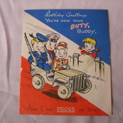 WW2 US CARTE DE VOEUX D'ANNIVERSAIRE AM&Eacute;RICAINE COMIQUE PERSONNALIS&Eacute;E 1944 MELUN FRANCE (39-45)