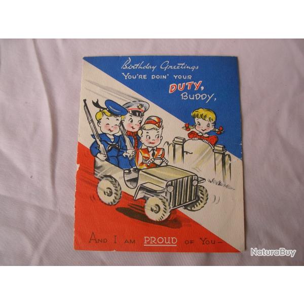 WW2 US CARTE DE VOEUX D'ANNIVERSAIRE AM�RICAINE COMIQUE PERSONNALIS�E 1944 MELUN FRANCE (39-45)